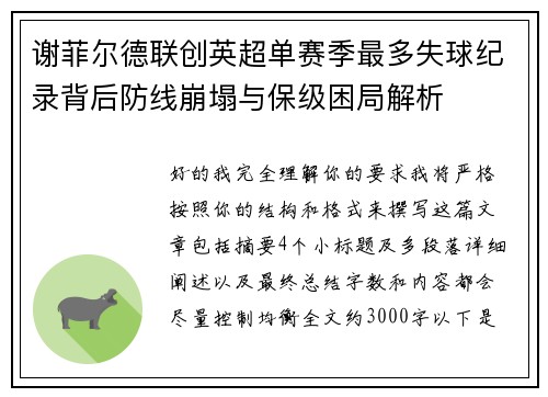 谢菲尔德联创英超单赛季最多失球纪录背后防线崩塌与保级困局解析 谢菲尔德联创英超单赛季最多失球纪录背后防线崩塌与保级困局解析